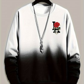 Ombre Trendy Sweatshirt, Men's Casual Retro Rose Graphic Design Slightly Stretch Crew Neck Pullover Sweatshirt For Autumn Winter