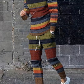 3D Pattern Print, Men's 2Pcs Outfits, Casual Crew Neck Long Sleeve Shirts T-shirt And Drawstring Sweatpants Joggers Set For Summer, Men's Clothing