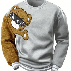 Men's Cartoon Bear Embroidery Crew Neck Sweatshirt, Loose Fit Sports Tops