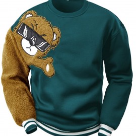 Men's Cartoon Bear Embroidery Crew Neck Sweatshirt, Loose Fit Sports Tops