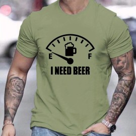 'I Need Beer' Pattern Print Men's Comfy T-shirt, Graphic Tee Men's Summer Outdoor Clothes, Men's Clothing, Tops For Men