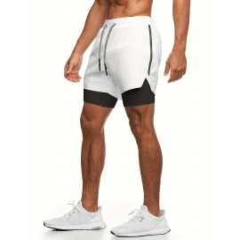 2-in-1 Double Layer Shorts With Inner Zipper Pocket, Men's High Stretch Sports Shorts For Summer Gym Workout Training