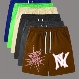 Graphic Pattern Comfy Shorts, Men's Casual Slightly Stretch Elastic Waist Drawstring Shorts For Summer Basketball Beach Resort