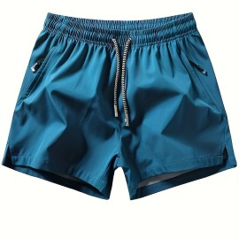 Men's Zipper Pockets Active Shorts, Casual Waist Drawstring Quick Drying Shorts